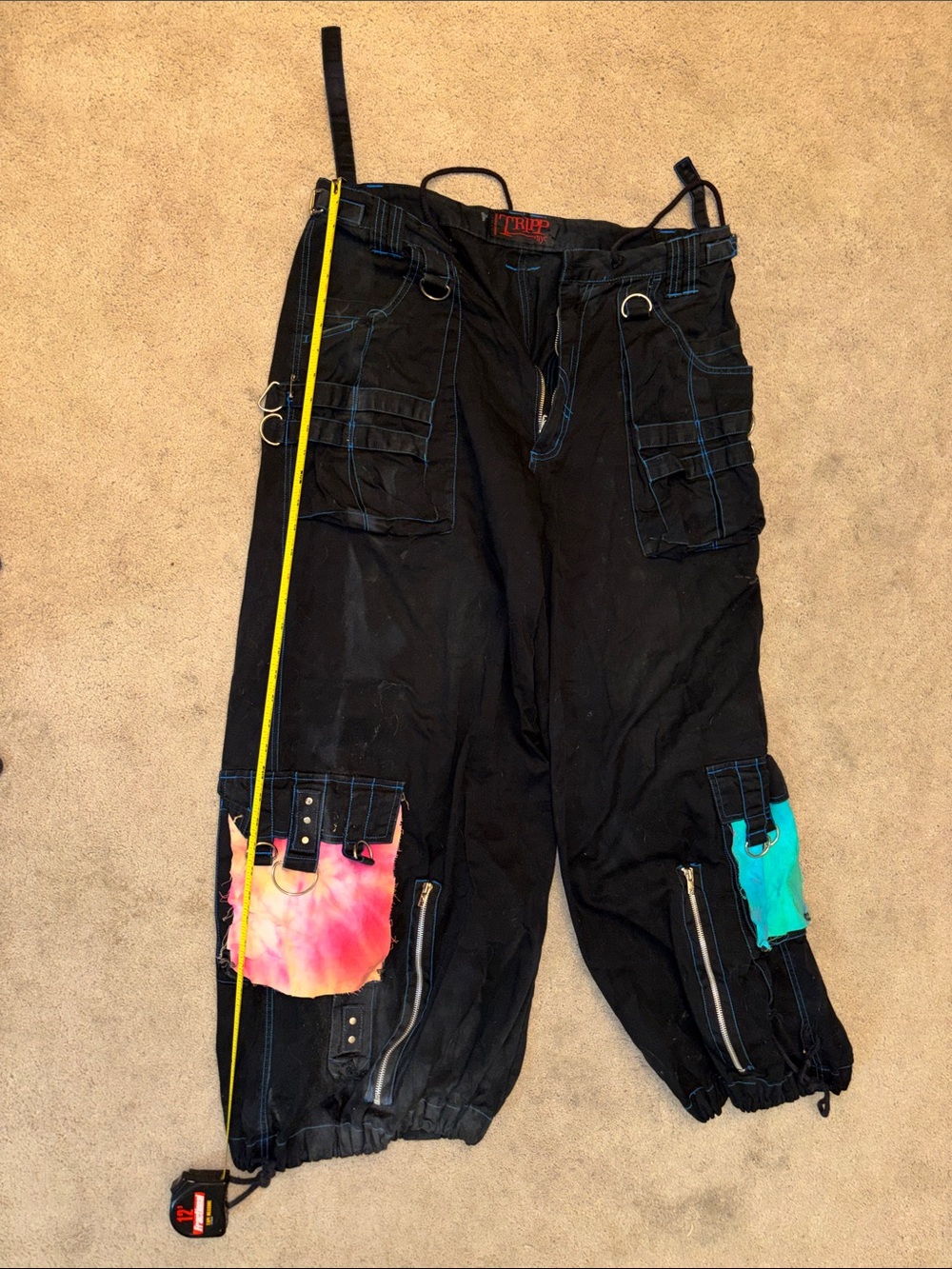 Tripp NYC Black Cargo Pants with Custom Tie-Dye Patches